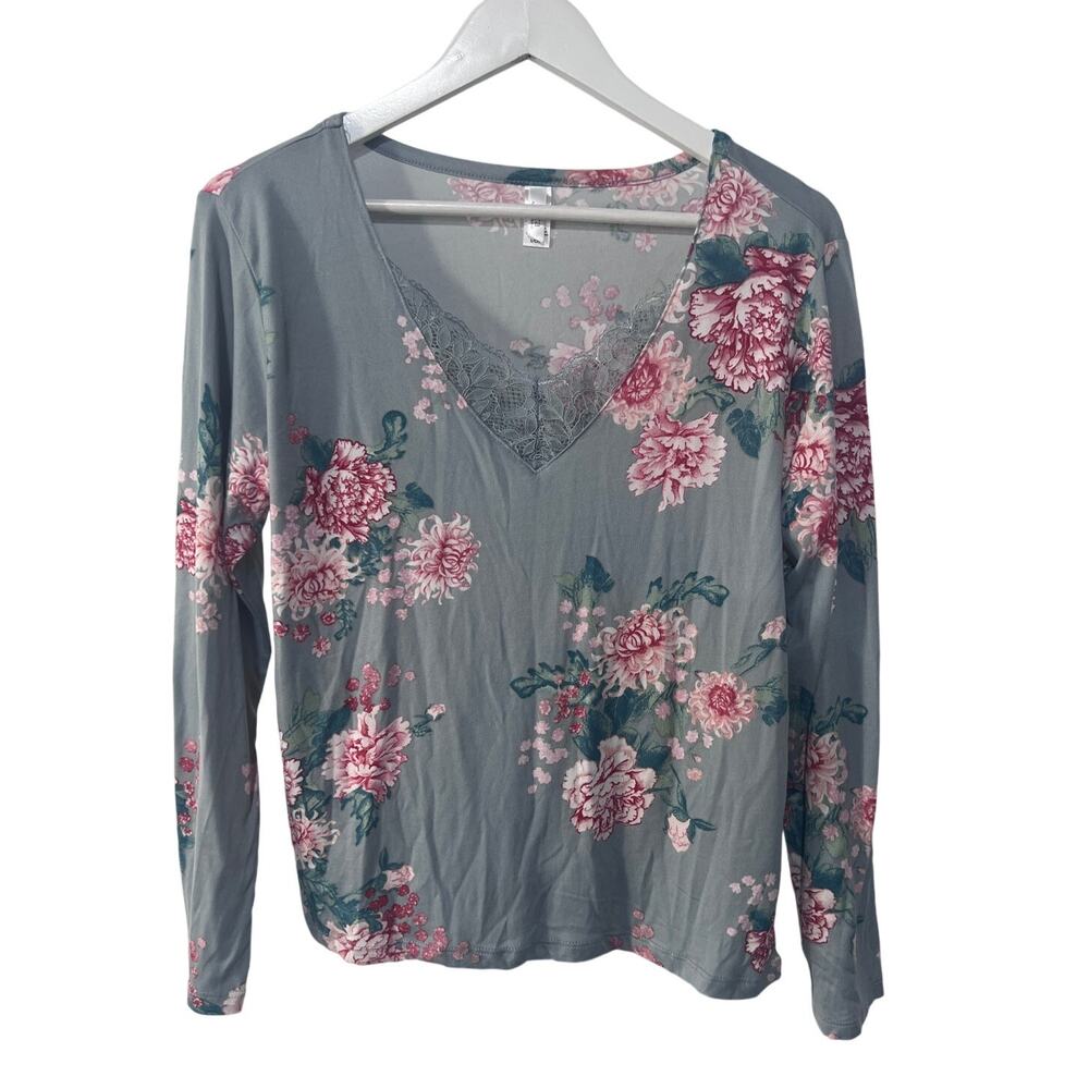 FLORA NIKROOZ WOMENS SMALL JADE FLORAL PRINTED LONG SLEEVE PAJAMA TOP ONLY GREY